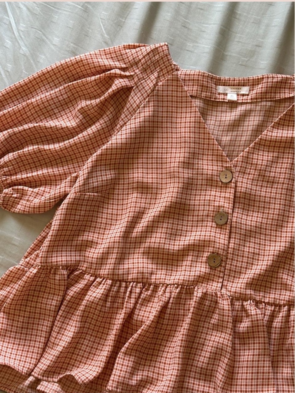 LC Lauren Conrad Gingham Puff Sleeve Peplum Top